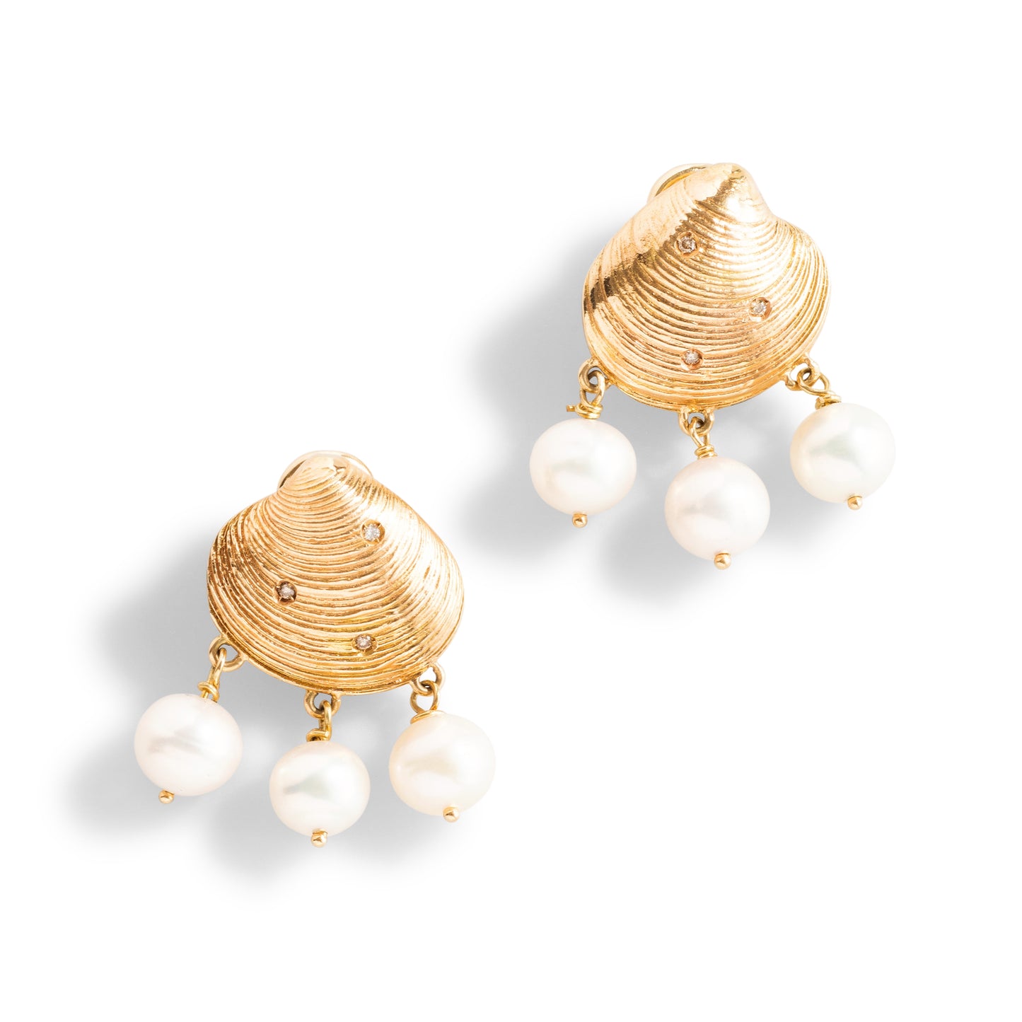 Gold Seashell Diamonds Pearl Earrings