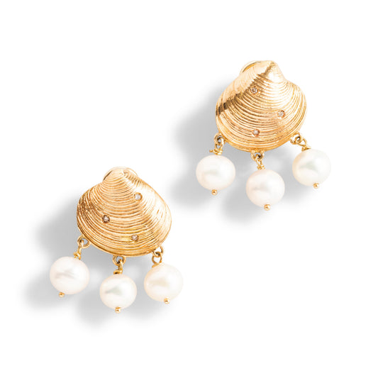 Gold Seashell Diamonds Pearl Earrings